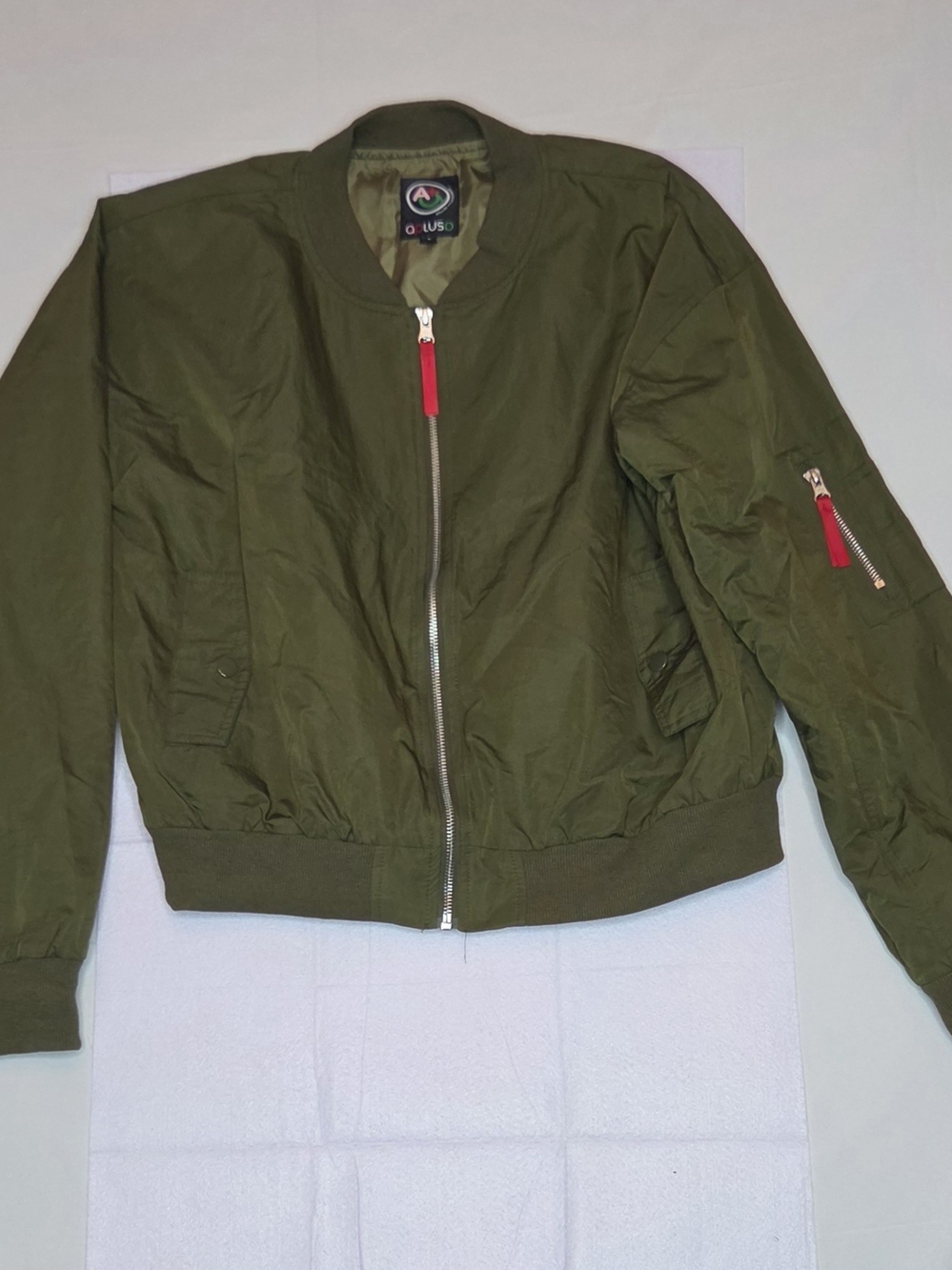 AplusO Cropped Bomber Jacket Olive Green Size L Excellent Condition